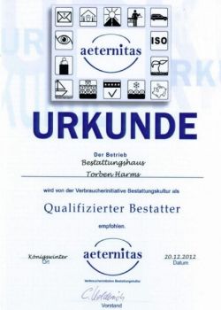 Aeternitas Urkunde Bestattungshaus Torben Harms